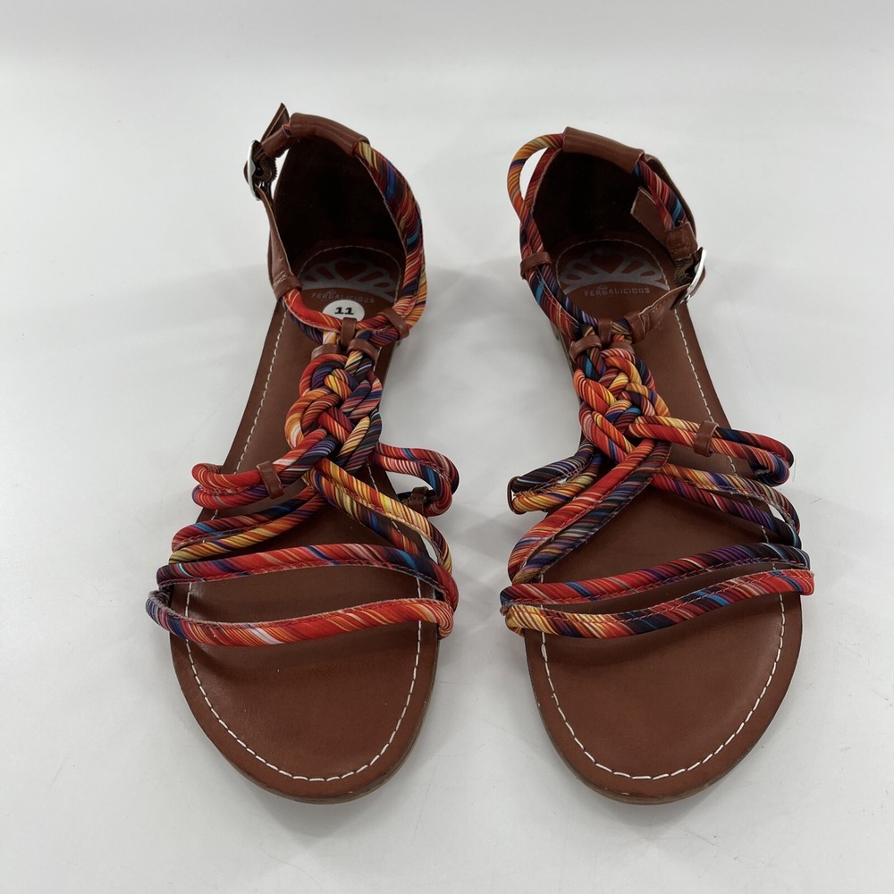 Gladiator T Strappy Sandal Womens 11 M Flat Striped Buckle Braided Fergalicious - Picture 3 of 15
